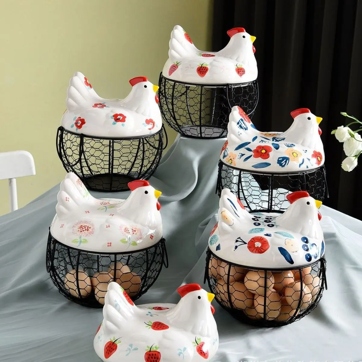 Ceramic egg fruit basket storage box kitchen household rack creative storage hen storage basket wrought iron