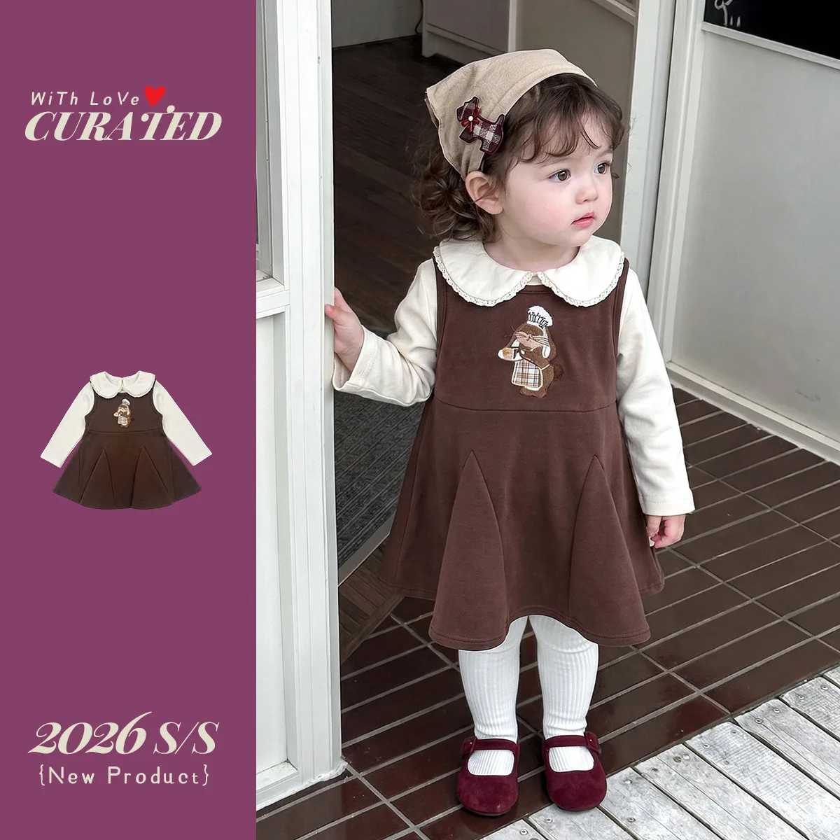 Girls' Autumn Korean Edition Set, Little Girl Cartoon Strap Skirt, Doll Collar Bottom Shirt, Two Piece Set, Baby Girl Clothes