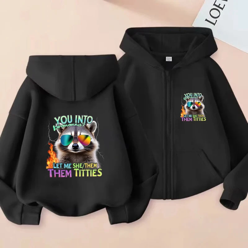 

Men's Hooded Jacket Black Raccoon Print You Into Me Let Me See Them Titties Funny Graphic Zip-Up Sweatshirt Casual Streetwear Ou