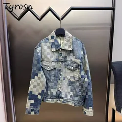 Mosaic Denim Jackets Women American Style Street Turn Down Collar Single Breasted Plaid Contrast Color Outerwear Leisure Loose