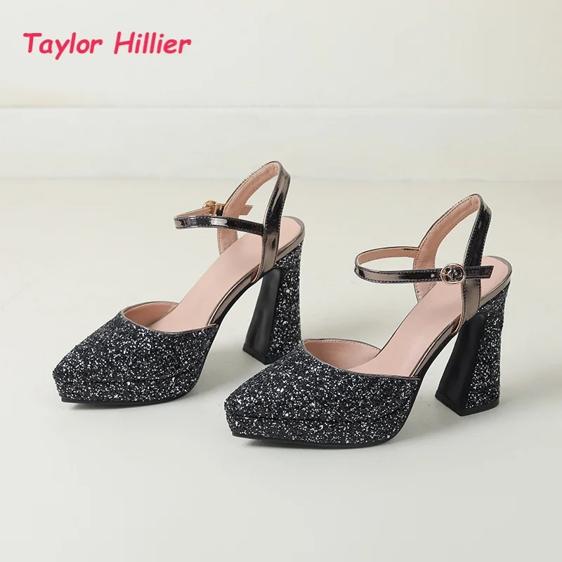 

Glitter Platform Mary Jane Pumps Women Chic Block Heel Pointed Closed Toe Shoes Ladies Classy Ankle Buckle Evening Party Heels