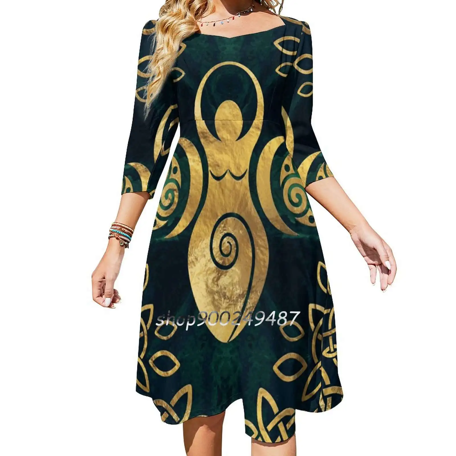 Triple Goddess With Triskele-Gold On Shimmer Green Sweet Elegant Dress Women Korean Kawaii Square Collar Dress Goddess Triple