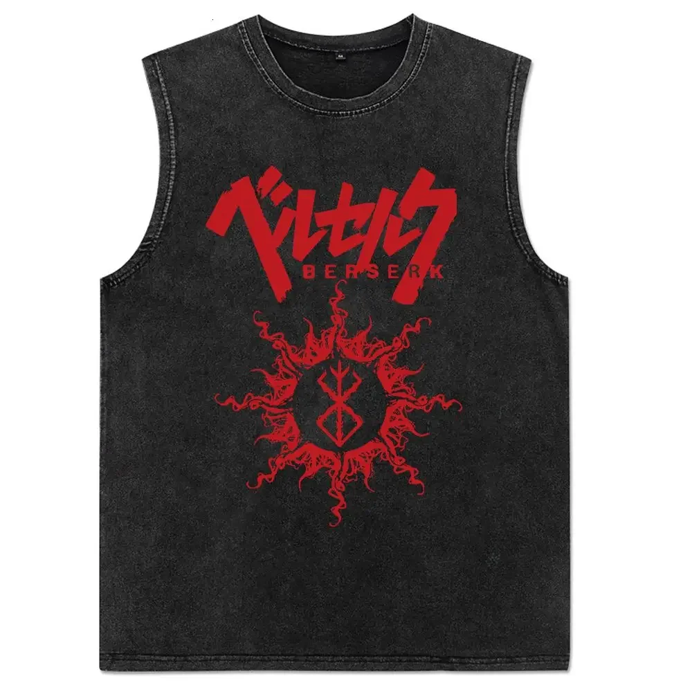 Men Berserk T Shirt Anime Washed Vest Guts Sleeveless Vintage Tank Tops Streetwear Summer Harajuku Cotton Tops Tees Unisex