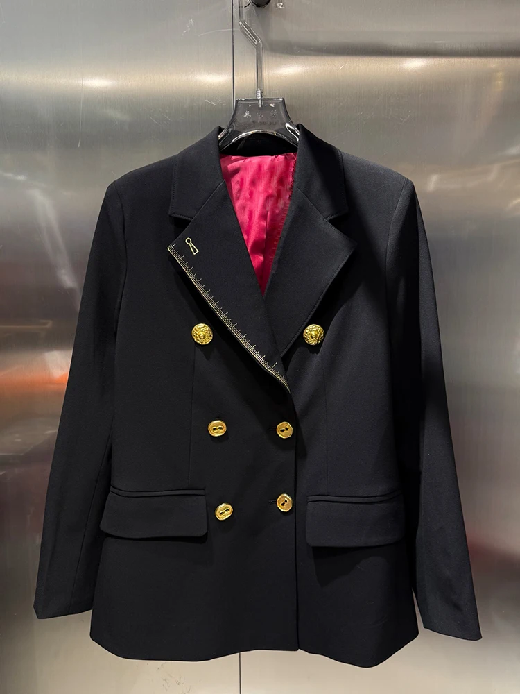 Retro solid color lapel double row buckle straight tube suit jacket 2026 autumn women's fashion versatile loose jacket top