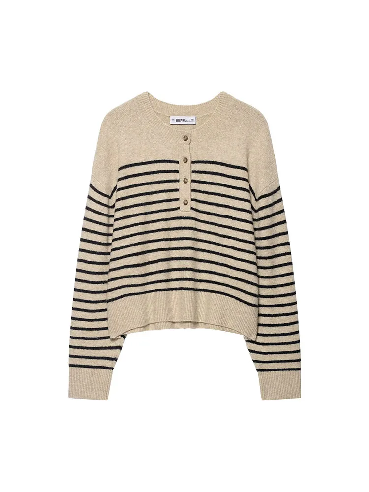 

HH 2026 Women Spring Autumn New Classic Striped Sweater Slim Long Sleeve Bottoming Top Casual Button Decoration Thin Sweater