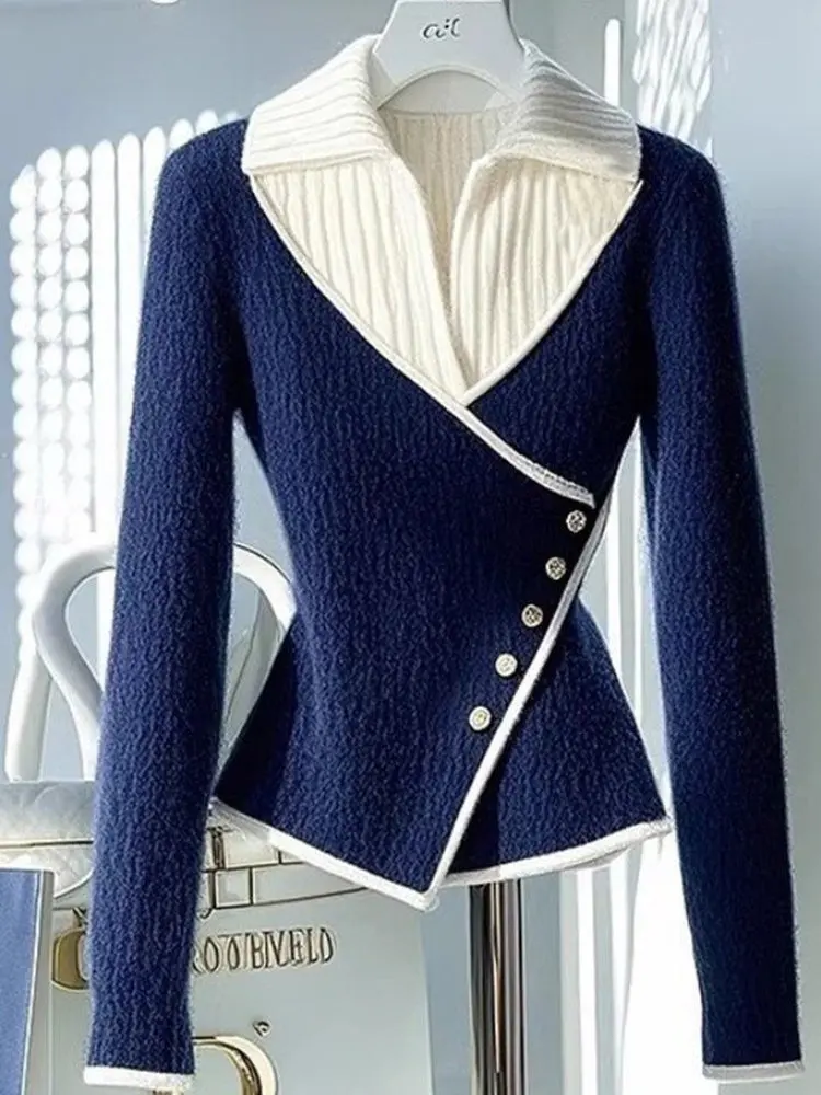 

Blue Knitted Fake Two-Piece Slim Fit Top for Women Ele Maturi High Waist Pure Color Long Sve Autumn Winter Faion