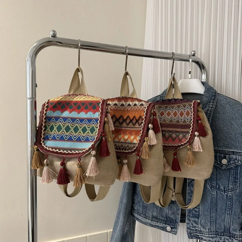 Tassel Ethnic Style Backpack Small School Bag Large Capacity Tassel Shoulder Bag Storage Bag Canvas Embroidery School Bag School