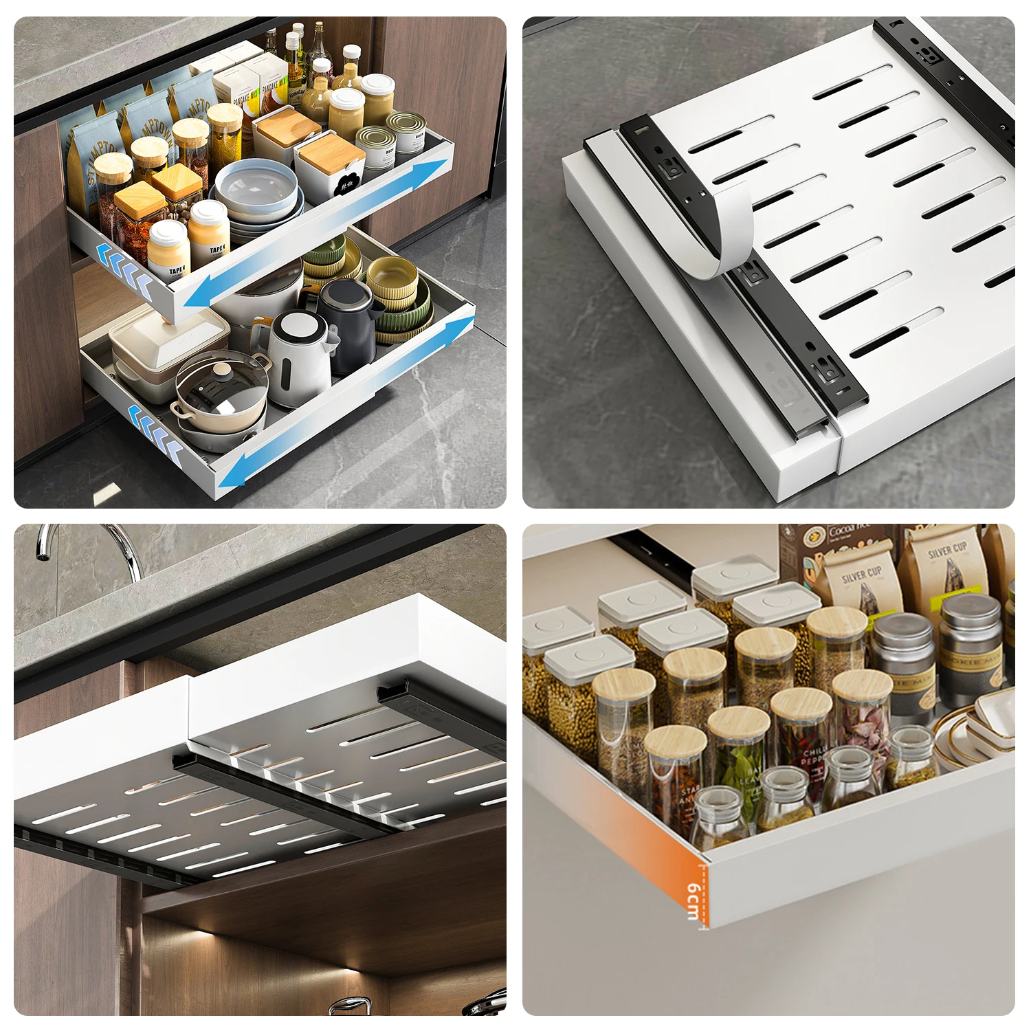 Retractable Storage Shelf Pull-Out Storage Drawer Kitchen Organizer 32‑52 Cm Width Adjustable Punch-Free Kitchen Pantry 6