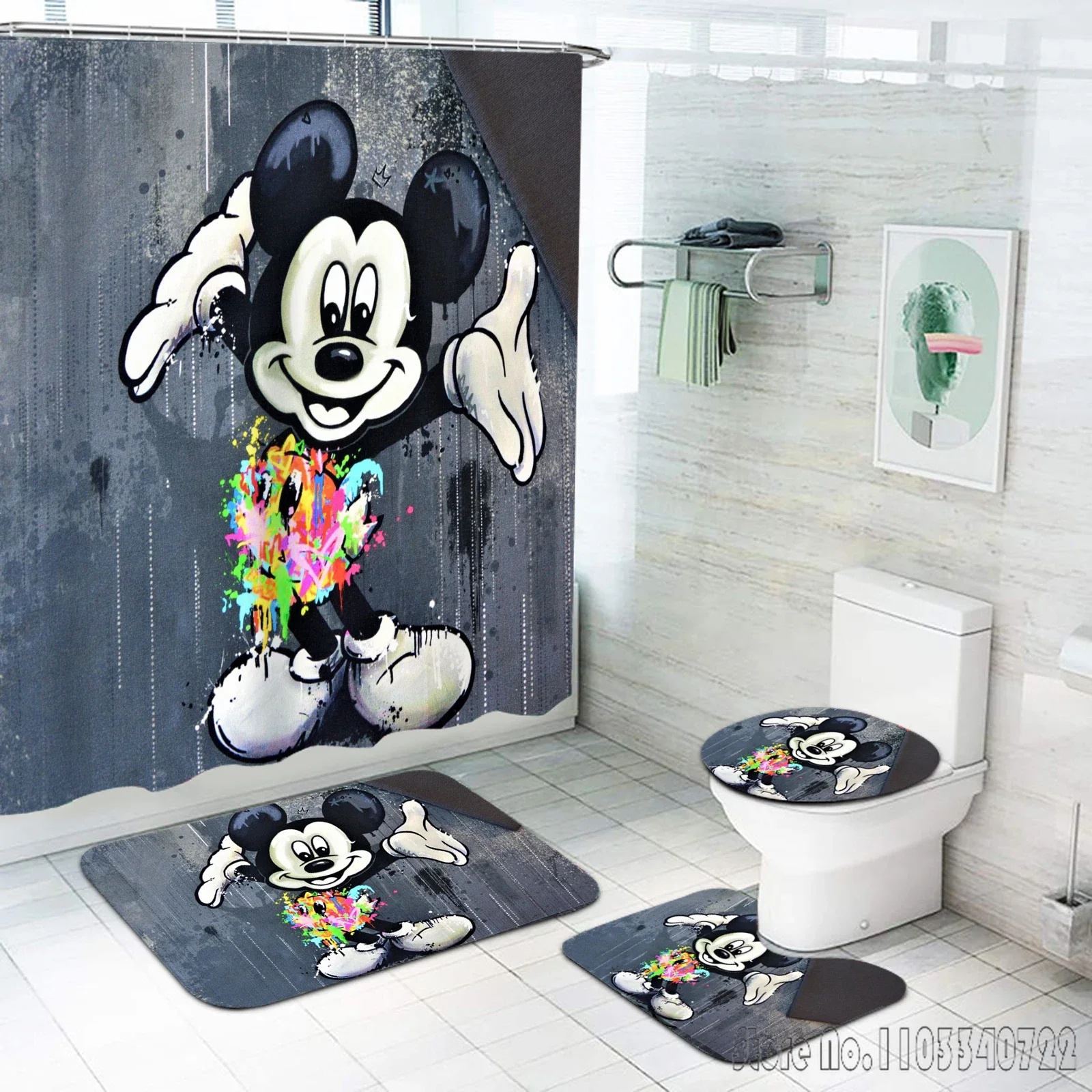 Disney Mickey Minnie Mouse Anime Bath Shower Curtain Set 4pcs with Hooks Waterproof Bathroom Toilet Mat Lid Decor