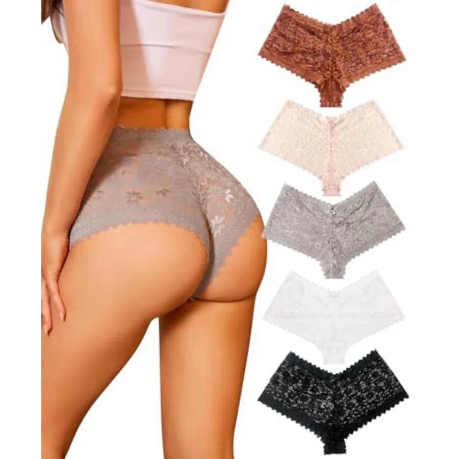 

RSLOVE Lace Cheeky Underwear for Women V Waist Breathable Stretch Panties 5 Pack for Comfort
