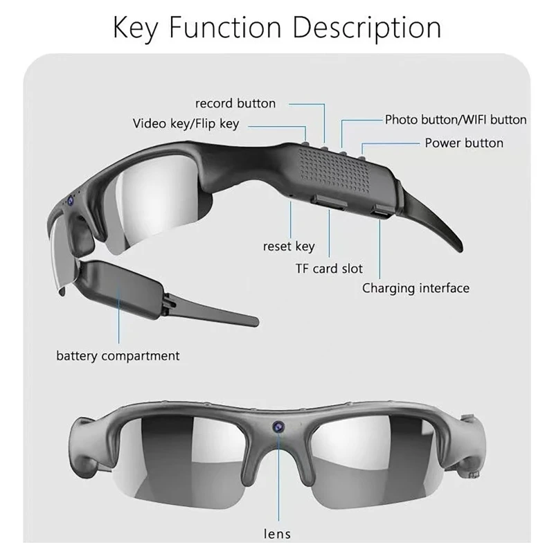 Gafas para cámara deportiva al aire libre, gafas de sol con vídeo WIFI de 1080P, grabadora de fotos y vídeo inteligente para ciclismo, conducción, senderismo, pesca