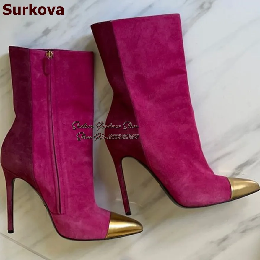 

Surkova Magenta Suede Patchwork Stiletto Heel Ankle Boots Gold Steel Metallic Tip Toe Booties Fuchsia Matched Color Zipped Shoes