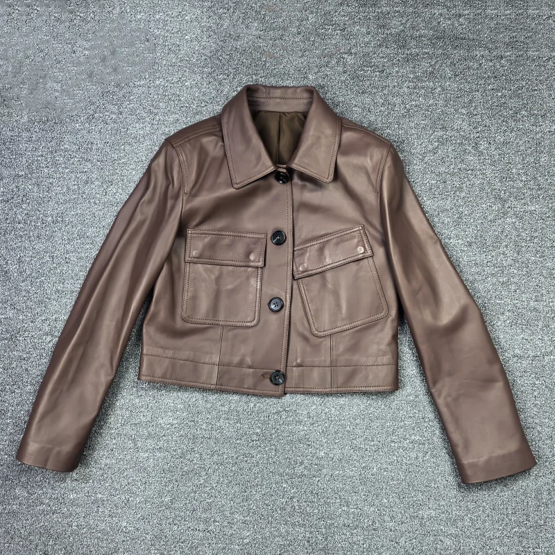 2026年春 レディース 本革シープスキンジャケット カジュアルコート シングルボタンデザイン ターンダウンカラー アシンメトリー ユーススタイル
