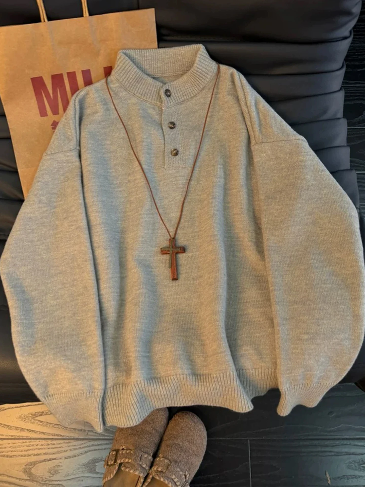 

Мужской вязаный свитер в американском ретро-стиле с воротником-стойкой, зимний базовый слой, повседневный свободный крой, мягкий и комфортный