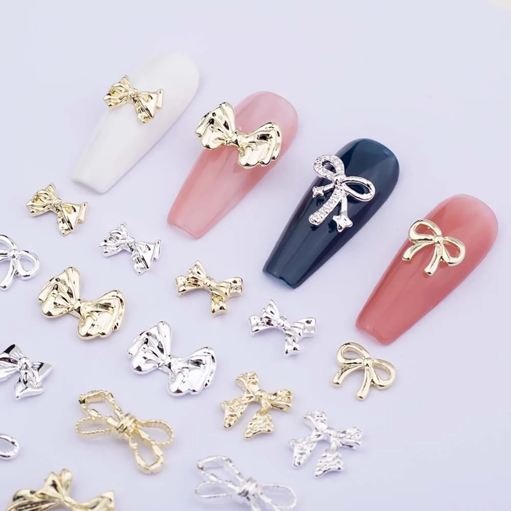 20 piezas-Lazo japonés para decoración de uñas, accesorios de lujo para manicura, 3D, dorado/plateado, Kawaii