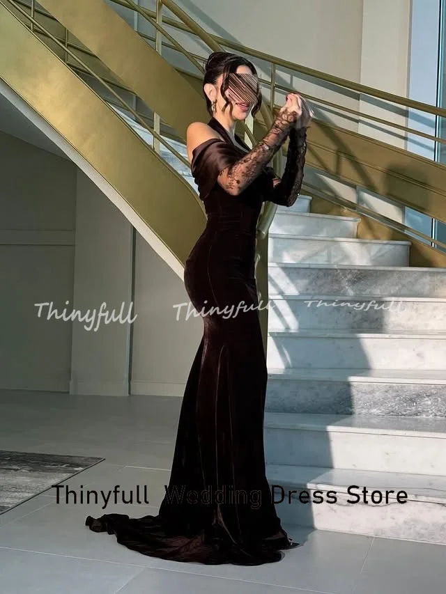 Thinyfull Meerjungfrau, schulterfrei, arabische Ballkleider, Samt/Spitze, lange Ärmel, Abendkleid, formelles Kleid, Robes de Soirée, individuell gestaltet