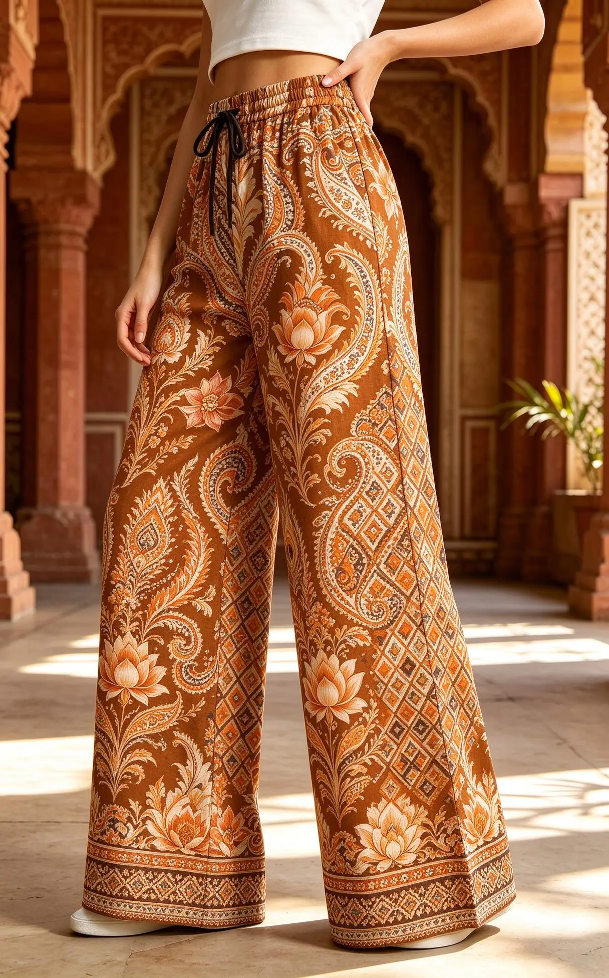 Women Boho Wide Leg Trousers Green Paisley Peacock Feather Lotus Print Drawstring Waist Loose Flowy Casual Pants Holiday Bottoms