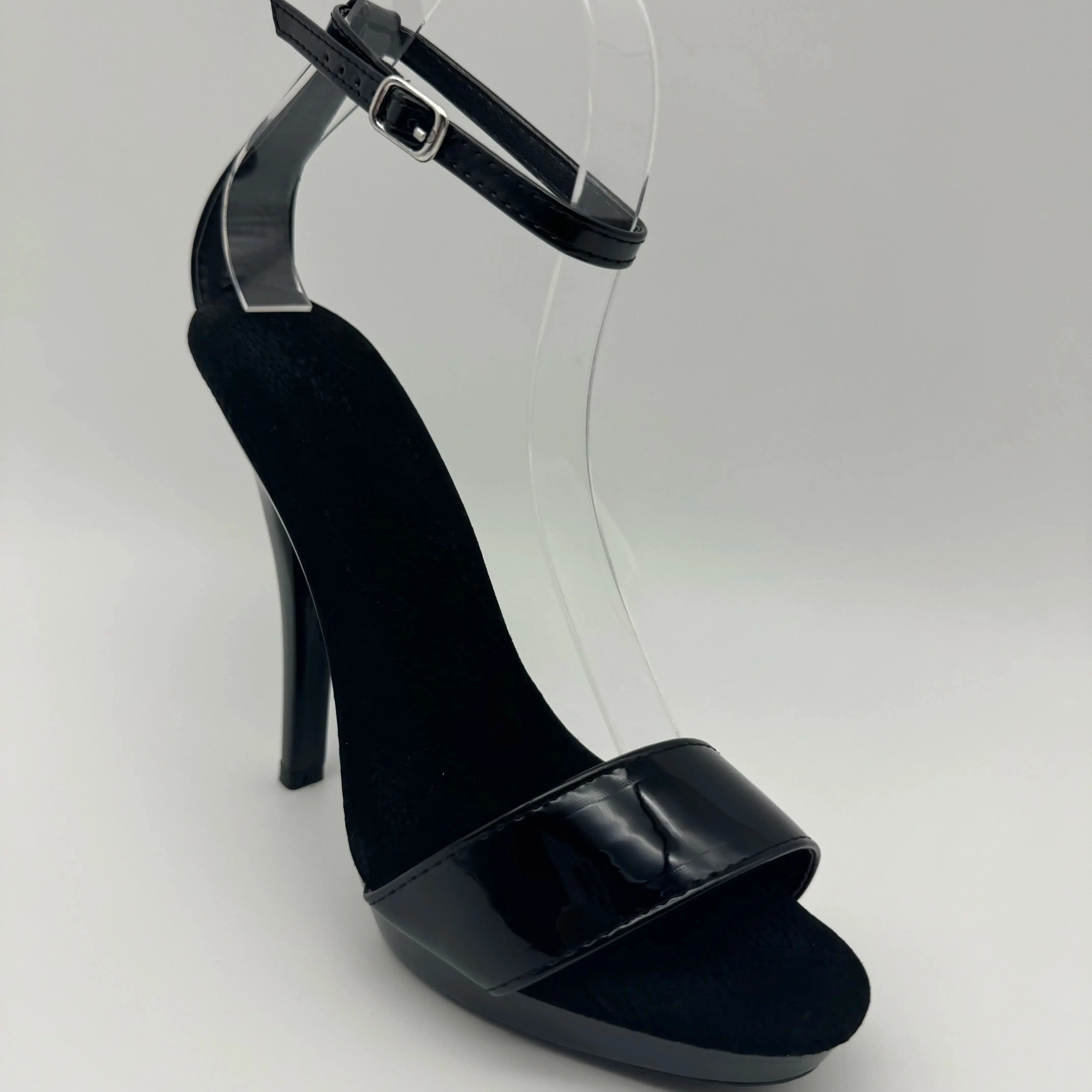 Black Patent Stilettos 13cm - Wide Strap Peep Toe Sandals w/ Adjustable Ankle Strap & Platform Club Heels