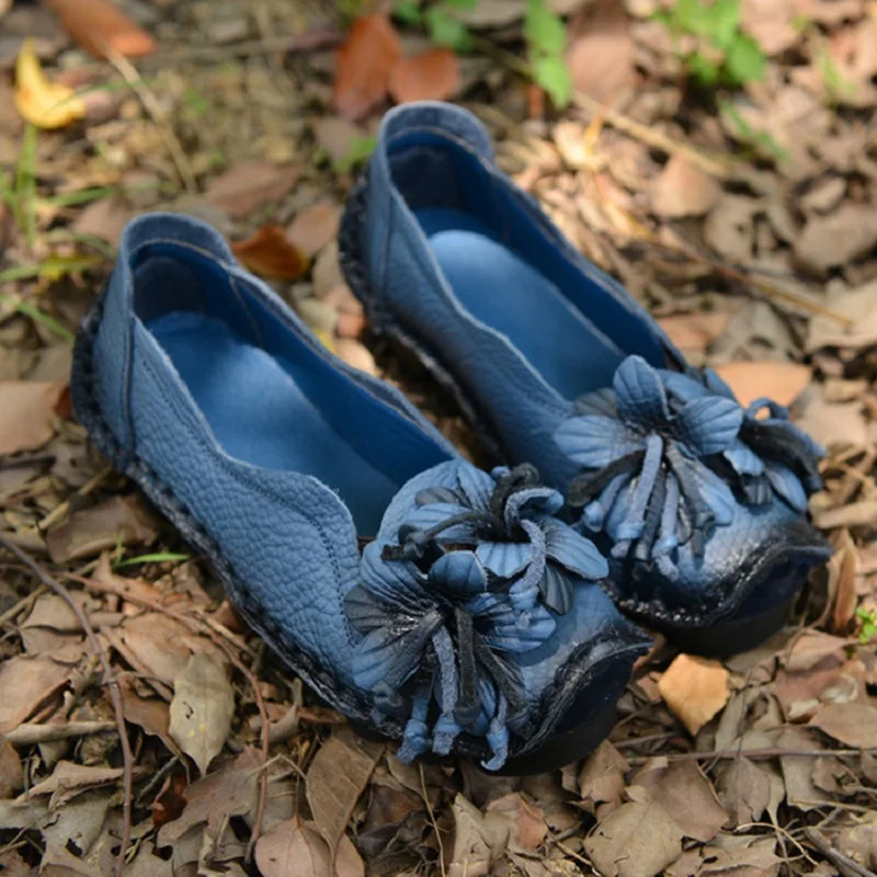 Genuine Leather Ballet Flats Women\'s Slip On Loafers Vintage Handmade Flower Soft Muffin Platform Casual Walk Dress Shoes Woman