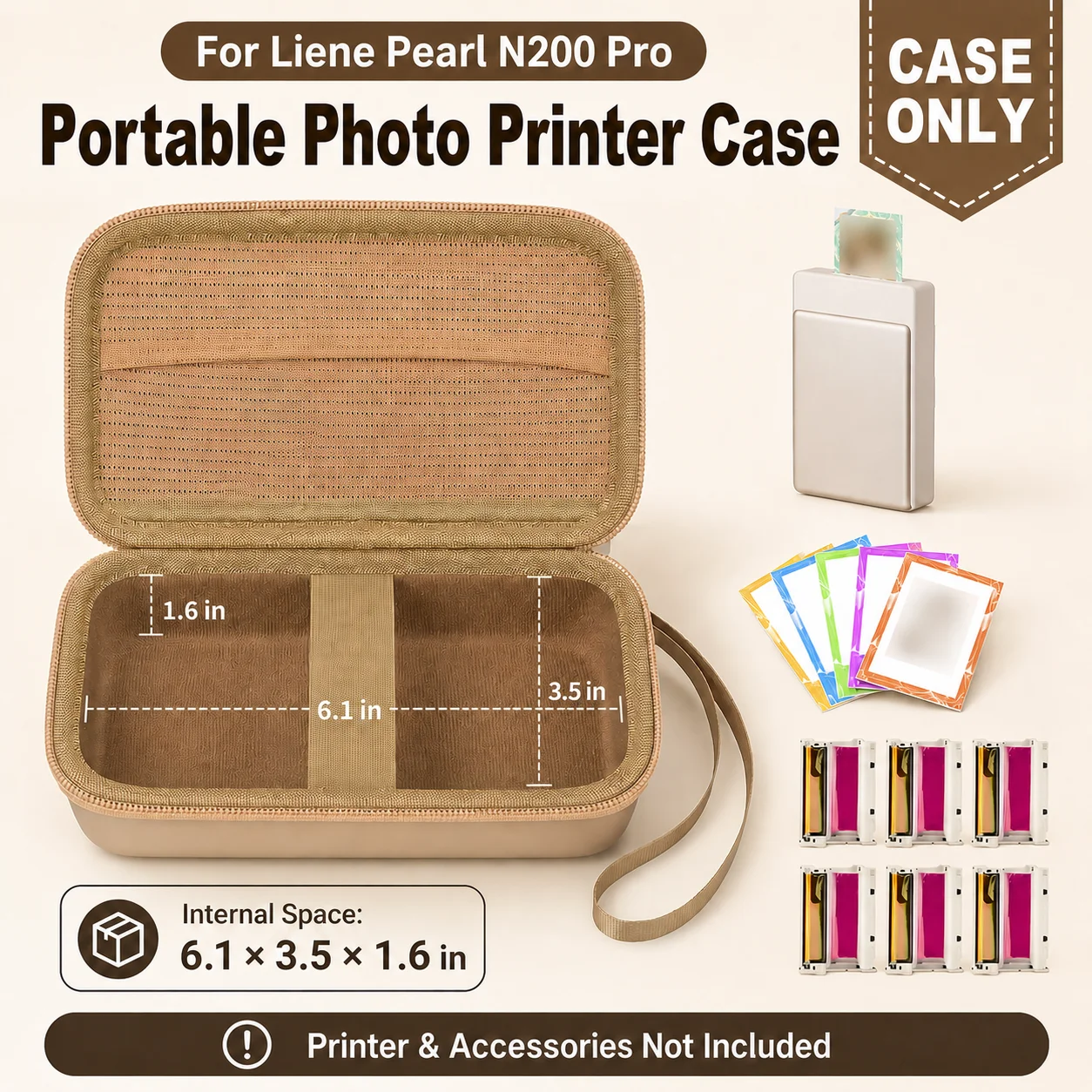 Photo Printer Case For Liene Pearl N200 Pro, Hard EVA Travel Storage Bag with Mesh Pocket, Elastic Straps, Case Only, Gold Color