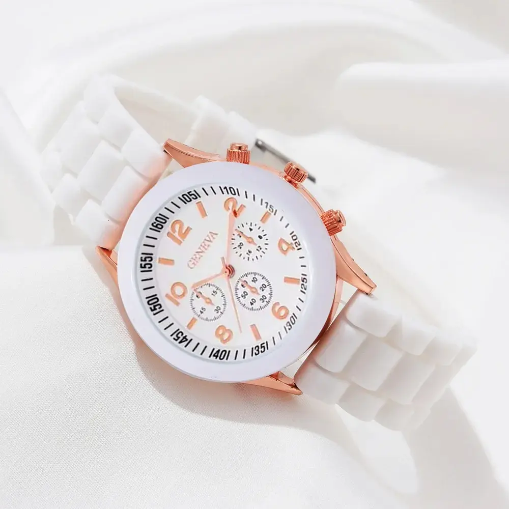 2Pcs Women Watch Luxury Fashion Elegant Alloy Wristwatch Silicone Strap Watch Quartz Holiday Gift No Box New White Watch 2023