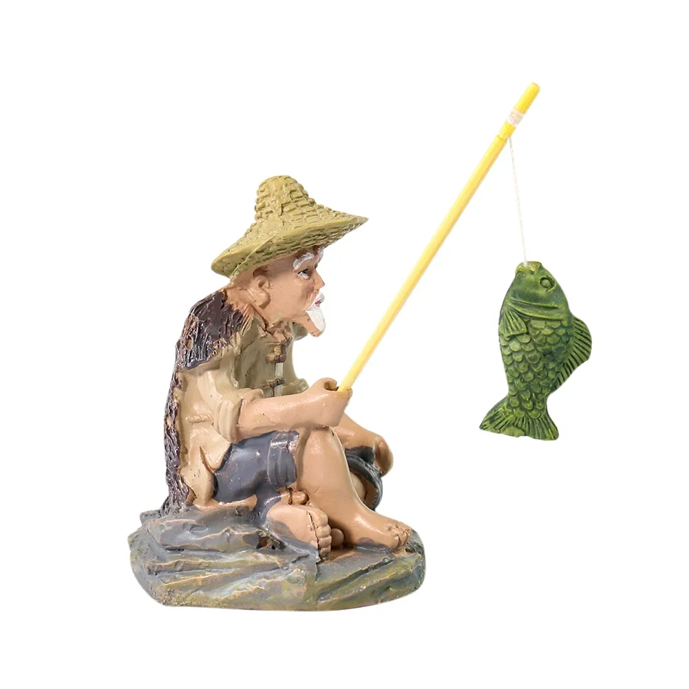 1PC Resin Fisherman Fishing Figurine Home Desktop Ornamnet Fish Tank Decor Craft Centerpiece Flowerpot Gardening Accessories