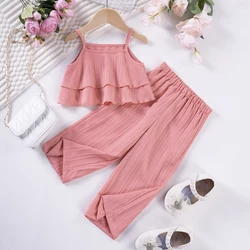 2024 Hot selling Cute Casual Fashion Set Solid Color Summer Baby Girl Sling Pants Wave Stripe Polyester Princess Style