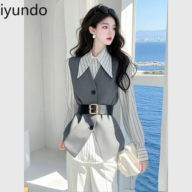 Lente 2025, een complete set outfits, high-end temperament, Franse stijl, grijs pak, vest, overhemd, nep tweedelige blouse, dames