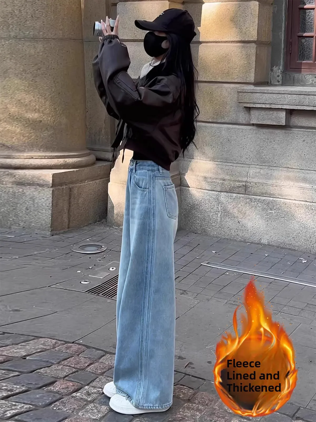 

Light Blue Vintage High Waist Wide Leg Denim Jeans Women's Loose Fitted Straight Floor-Length Trousers Casual Sle