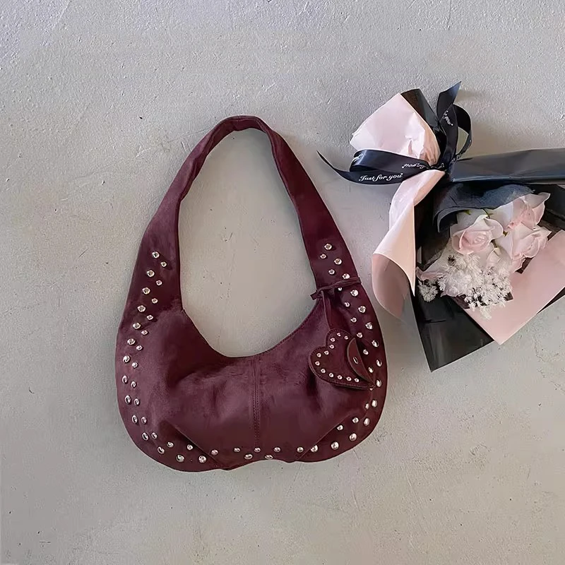 حقيبة يد كلاسيكية جديدة من جلد الغزال للنساء، حقيبة تحت الإبط ببرشام، حقيبة كتف مفردة عصرية #4