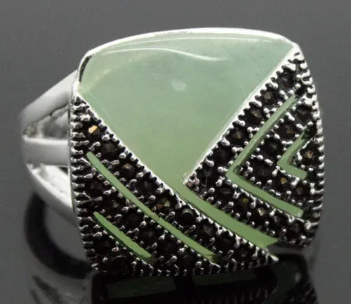 lady's fashion 14*15mm Square Natural Light Green jade Marcasite Ring Size 6/7/8/9