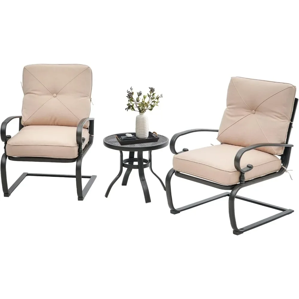 

Outdoor Bistro Set 3-Piece Spring Metal Lounge Cushioned Chairs and Bistro Table Set Wrought Iron Cafe Furniture Seat