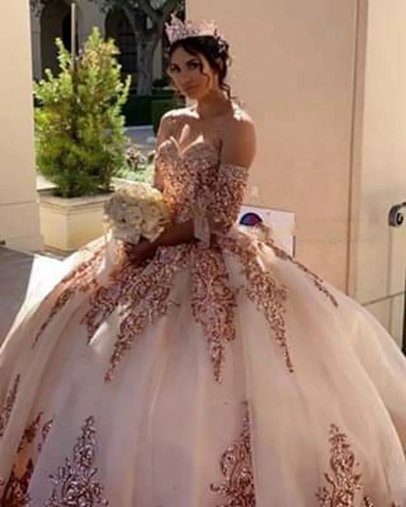 Vestido de quinceañera Charro, color rosa dorado, con lentejuelas, 15 años de hombros descubiertos, dulce 16