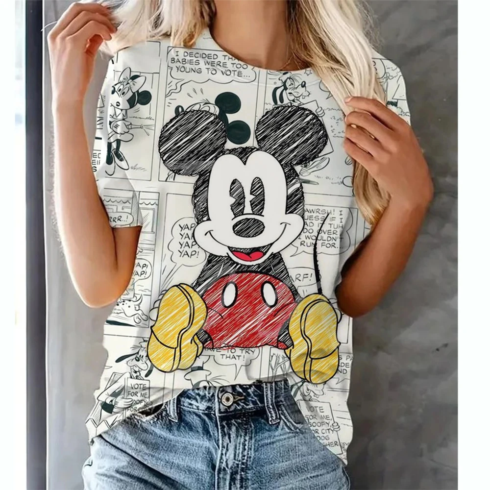 Disney Cartoon T-Shirt For Women Summer Mickey Minnie Tops Tees Female Casual Stylish Short Sleeve Clothing Fashion Streetwear