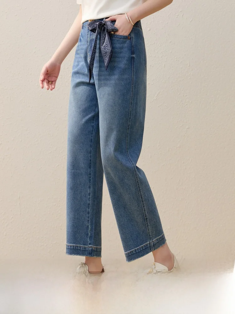 

Detachable Ribbon Straight Leg Jeans plus Size Women's Summer Fashion Korean Style Commute Friendly mid High Waist Fit