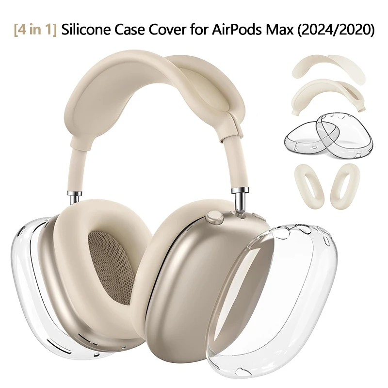 

For AirPods Max 4 in 1 Silicone TPU Clear Cover Case Shockproof Ear Pad Cups Headband Cover Cushion Earmuff Protector W65 Plus