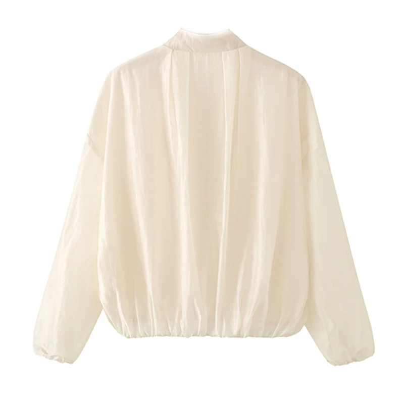 Guobioziy2026 Summer Women's Semi-Transparent Loose Long-Sleeve Baseball Collar Zipper Elastic Hem Casual Holiday Outfit