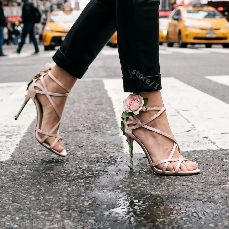 Luxury Rose High Heels Black Strappy Sandals Stiletto Silk Sexy Elegant Summer Banquet Party Dress Shoes for Lady Women Fashion - view 4