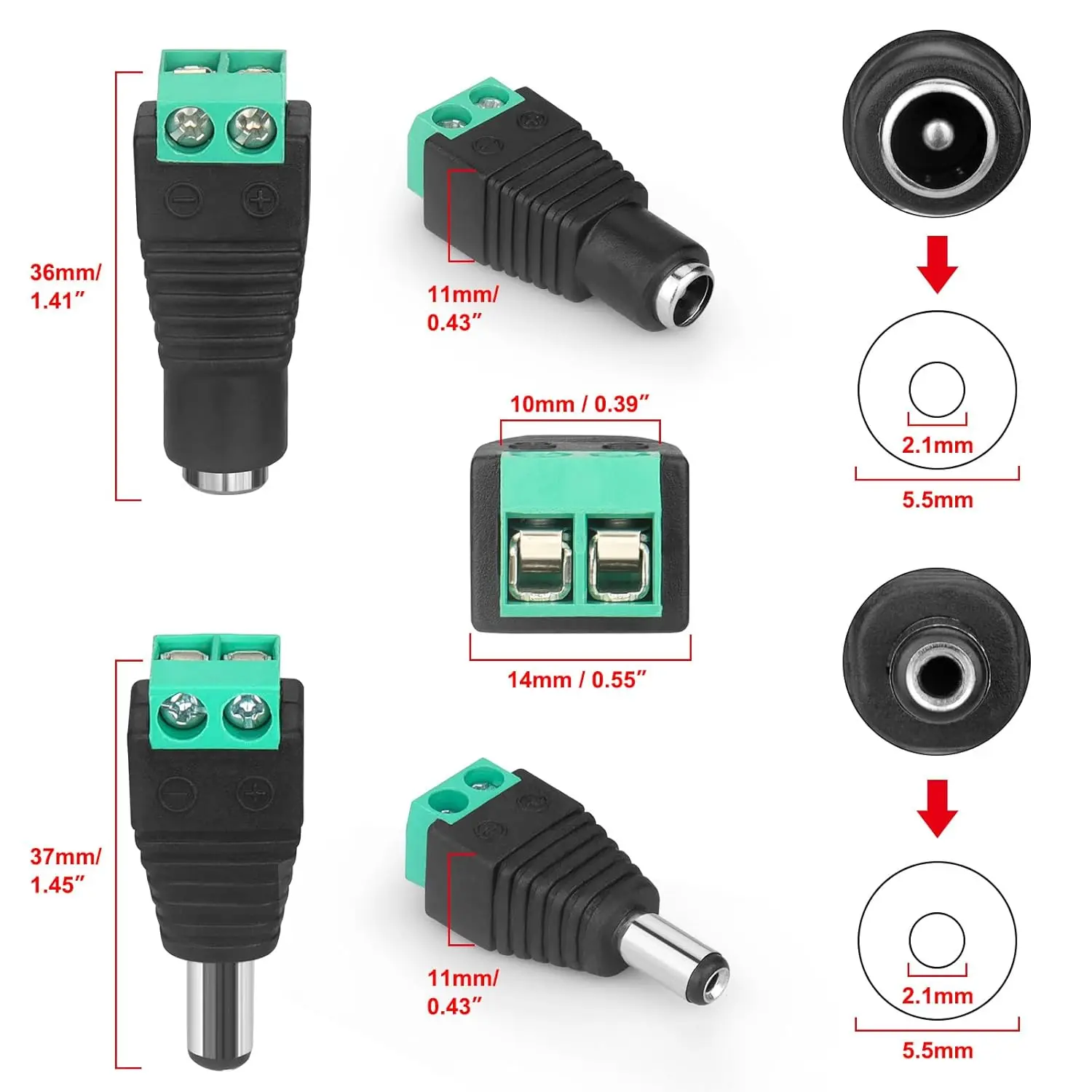 5 szt. Złącze zasilania 12V DC Wtyk Gniazdo Męskie Żeńskie Beczka 2.1mm x 5.5mm Adapter do Kamery CCTV Taśmy LED Terminal Zasilania — zdjęcie 4