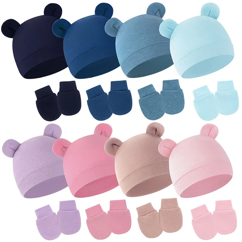 

4 Sets/lot Newborn Baby Hat Gloves Cotton Solid Color Infant Beanie Cute Bear Ear Hats for Boys Girls All Seasons New Born Gifts