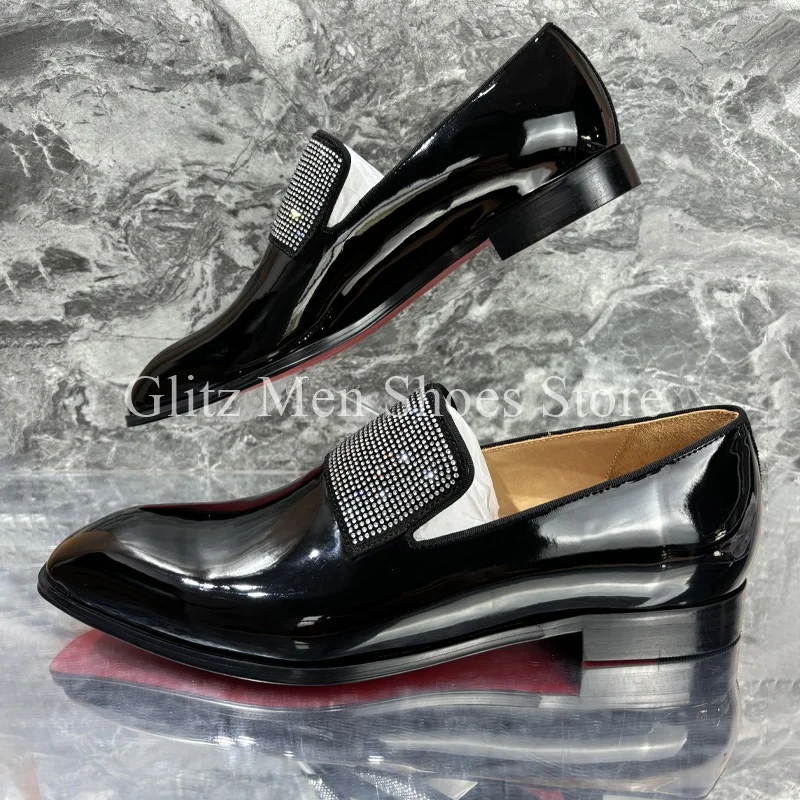 New Rhinestone Black Leather Shoes Glossy Small Square Toe Loafers Business Dress Men\'s Leather Shoes Formal Wedding Shoes