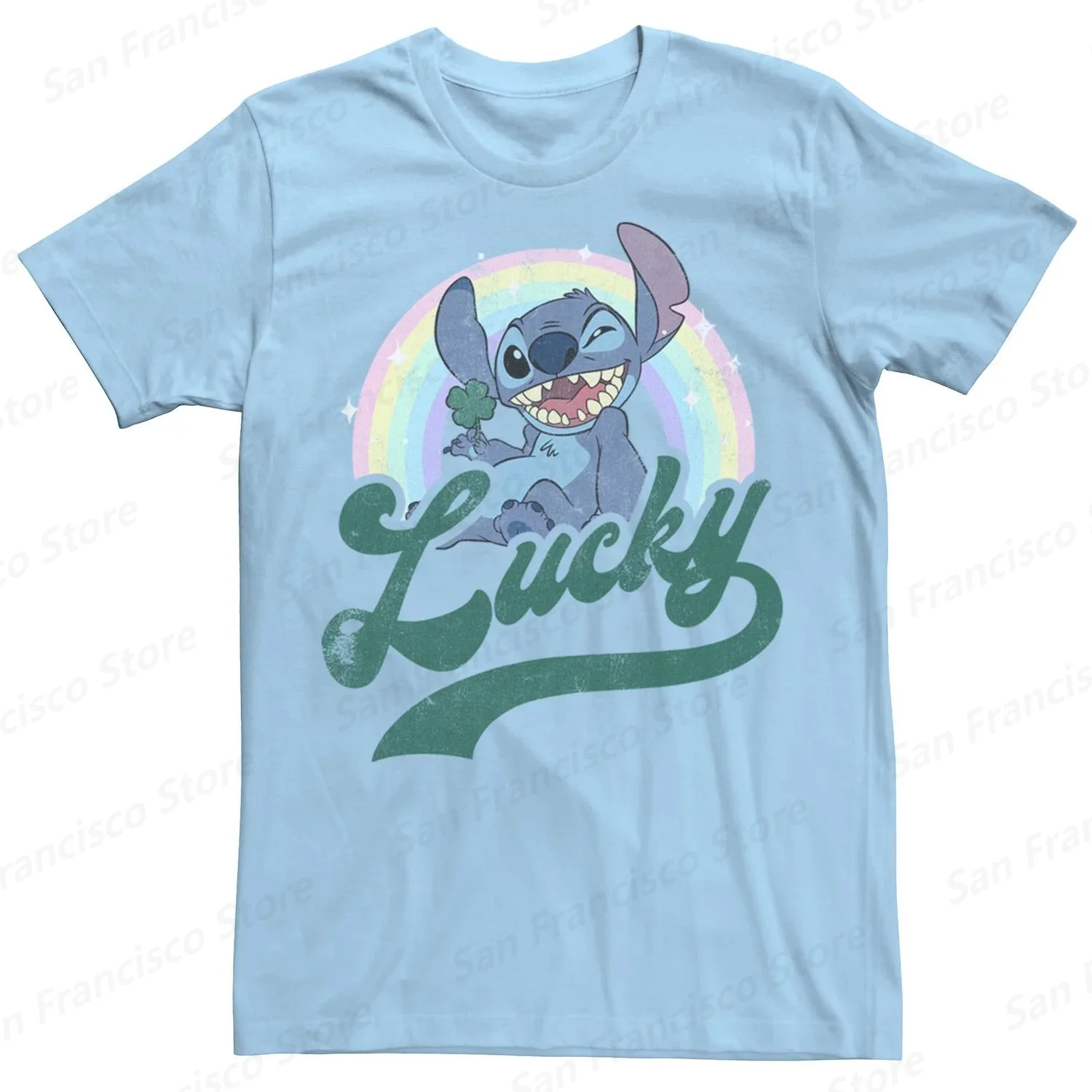 Summer Disney Stitch New Rainbow Lucky Printed Pattern Boys and Girls T-Shirt KID/Adult O-Neck Short Sleeve Casual Top Pullover