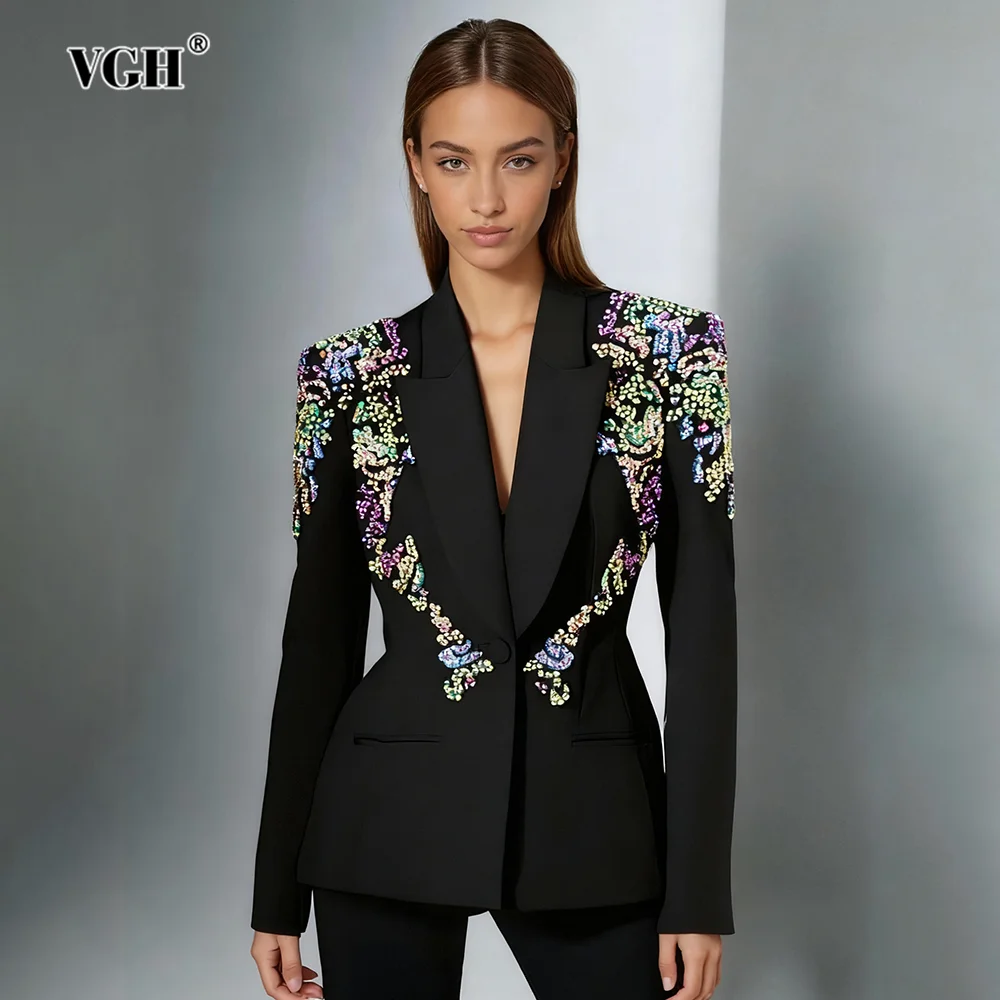 

VGH Temperament Spliced Diamonds Chic Tunic Blazer for Women Notched Collar Long Sleeve Chic Loose Blazer Female Fashion Autumn