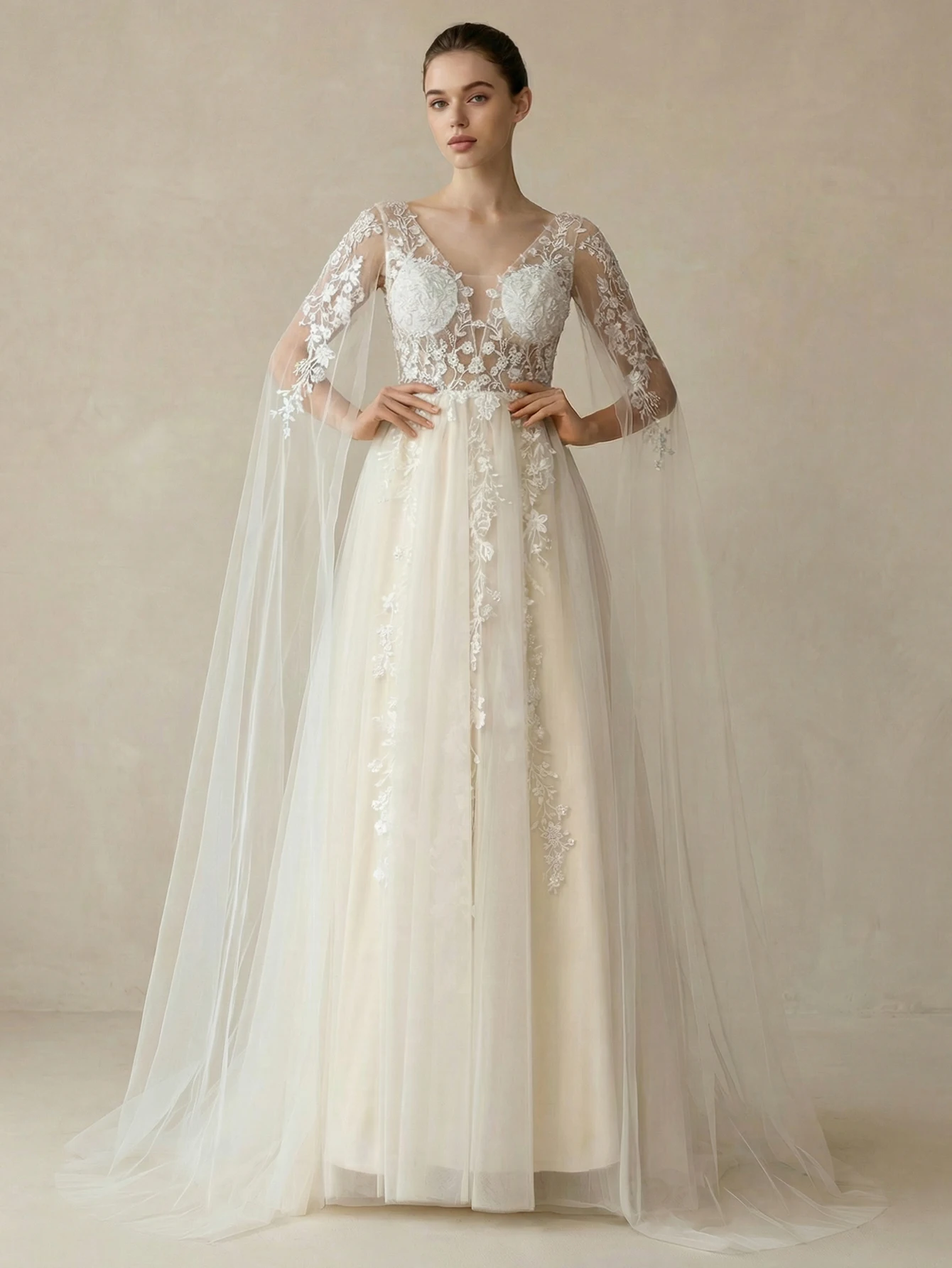Gardenwed Women's Flowing Long Sleeves Wedding Dress, Gorgeous Beaded Embroidered Mesh Trailing Bridal Gown