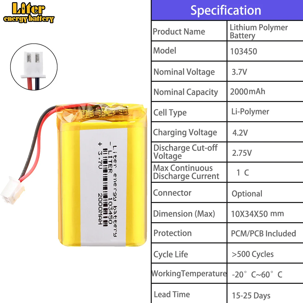 103450  2000mah 3.7V polymer lithium battery - Multiple specifications available