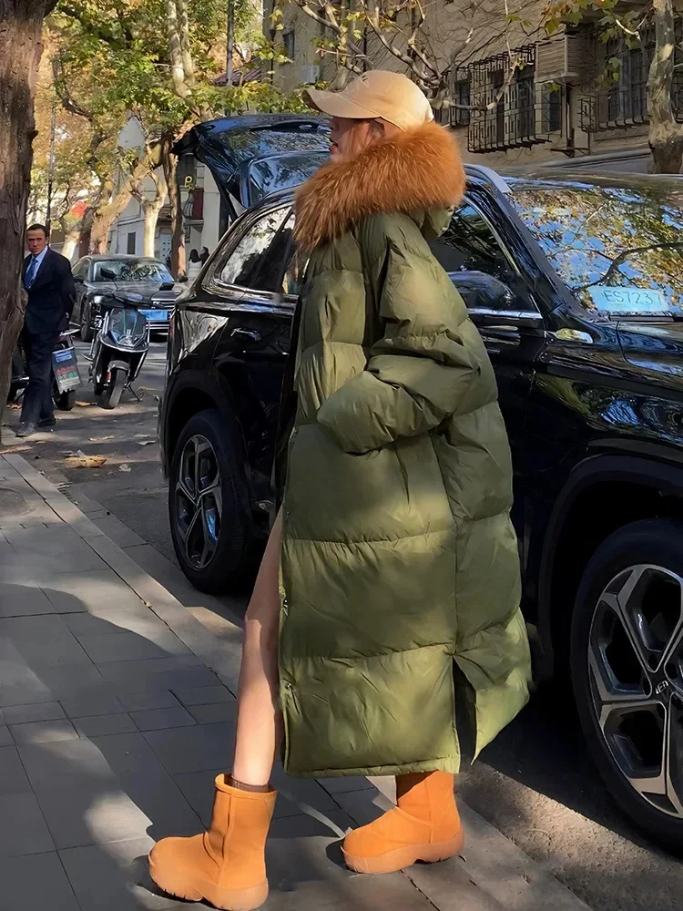 เสื้อแจ็คเก็ตขนเป็ดสีเขียวทหารสำหรับผู้หญิง รุ่นหนาพิเศษ ทรงหลวม บุด้วยขนแรคคูนขนาดใหญ่สำหรับฤดูหนาว  แบบใหม่