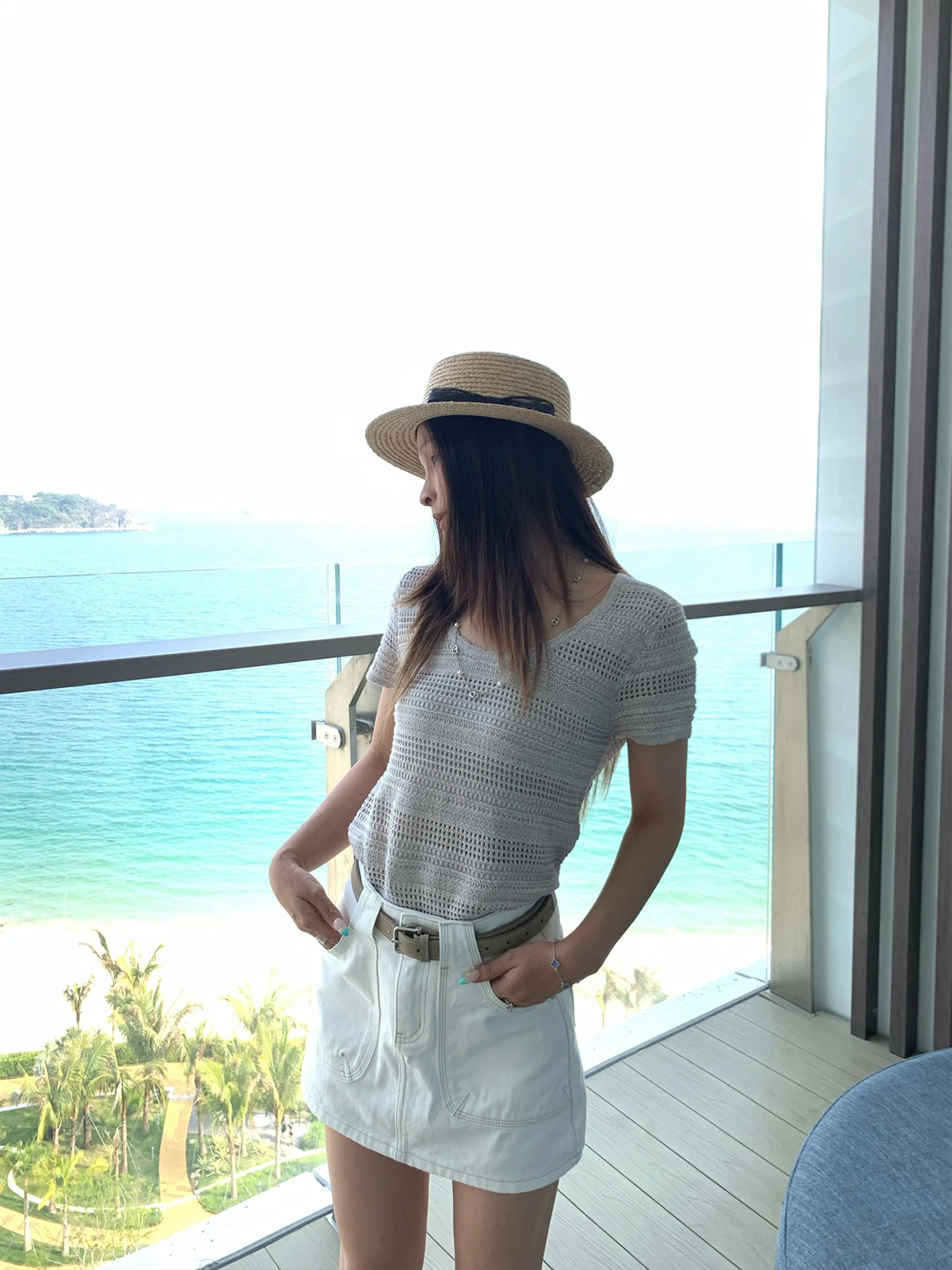 

BLUETIQUE Romantic Lace Hollow out Two Tone Knitted ort Sve Women's T-irt Loose Fit Summer Commute Sle round Ne