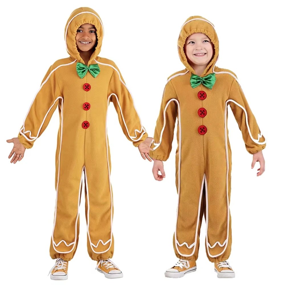 Christmas Gingerbread Man Jumpsuit With Hood Children's Halloween Party Costume Cosplay Clothes Xmas Kids Pajamas Gifts Kit XS-L