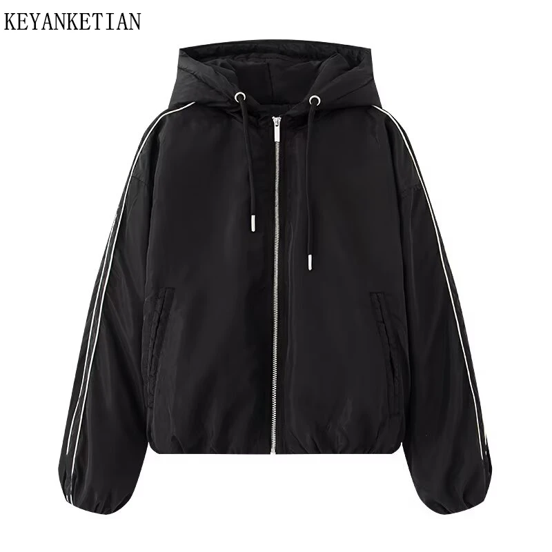 

KEYANKETIAN Winter New Women's Hooded Placket Zipper Contrasting Color Trim Long Sleeved Warm Cotton Jacket Women Short Jacket