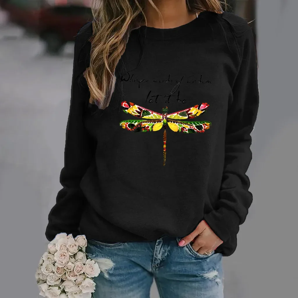 Independence Station Dragonfly Print Long-sleeved Crewneck Hoodie Woman Sweatshirt Sweatshirts Streetwear Women Clothes